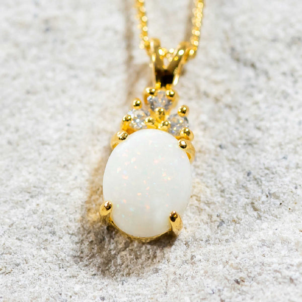 'Tiara' Gold Plated Silver Australian White Opal Necklace Pendant - Black Star Opal