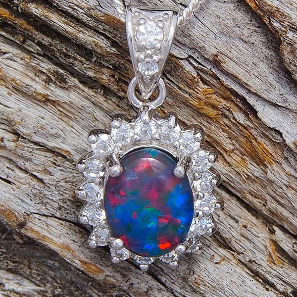 'Timeless' Silver Australian Triplet Opal Necklace Pendant - Black Star Opal