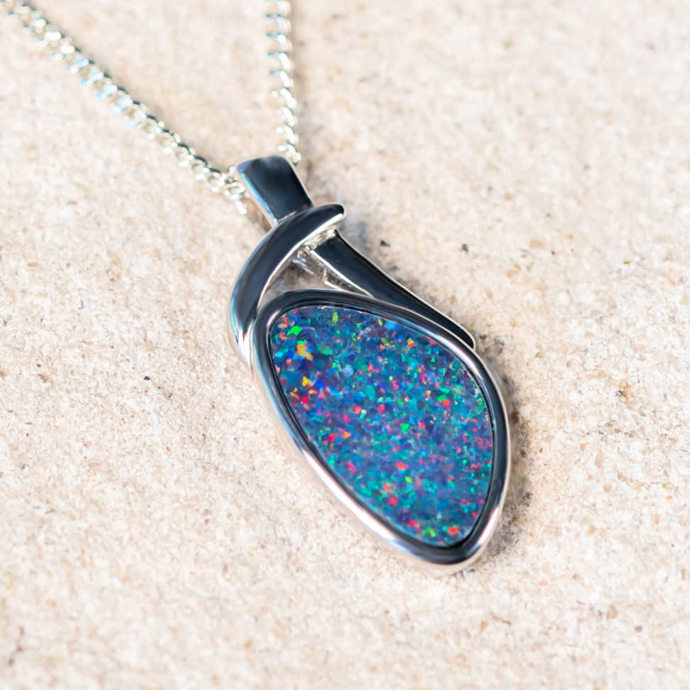 'Tyra' Silver Australian Doublet Opal Necklace Pendant - Black Star Opal