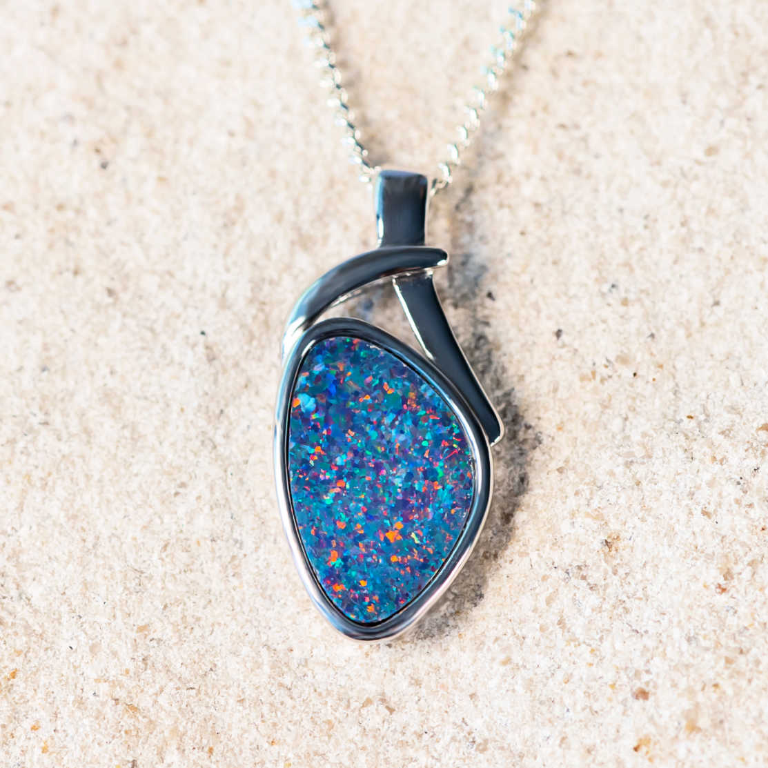'Tyra' Silver Australian Doublet Opal Necklace Pendant - Black Star Opal