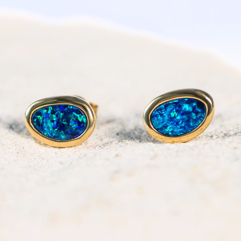 'Vida' Gold Australian Doublet Opal Earrings - Black Star Opal