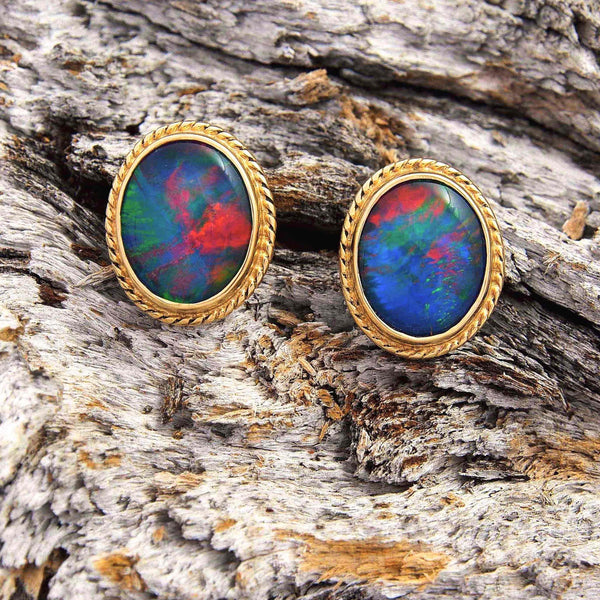 'Vintage Braid' Gold Australian Triplet Opal Earrings - Black Star Opal