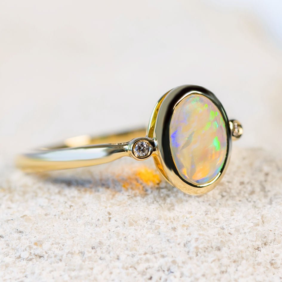 'Viviana' Gold Australian Crystal Opal Ring - Black Star Opal