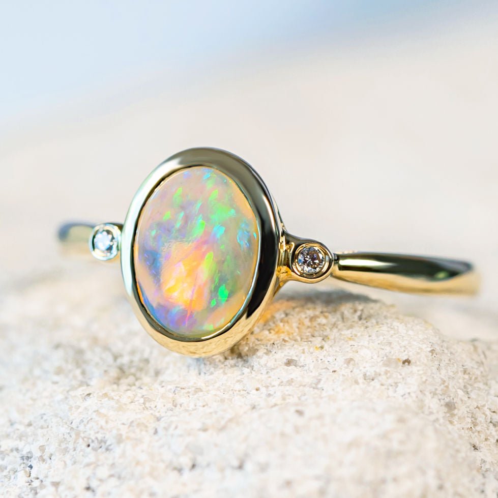 'Viviana' Gold Australian Crystal Opal Ring - Black Star Opal