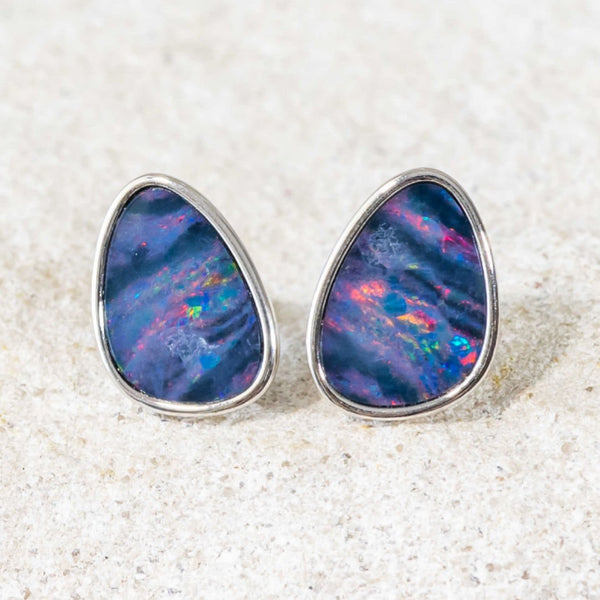 'Zahra' Silver Australian Doublet Opal Earrings - Black Star Opal