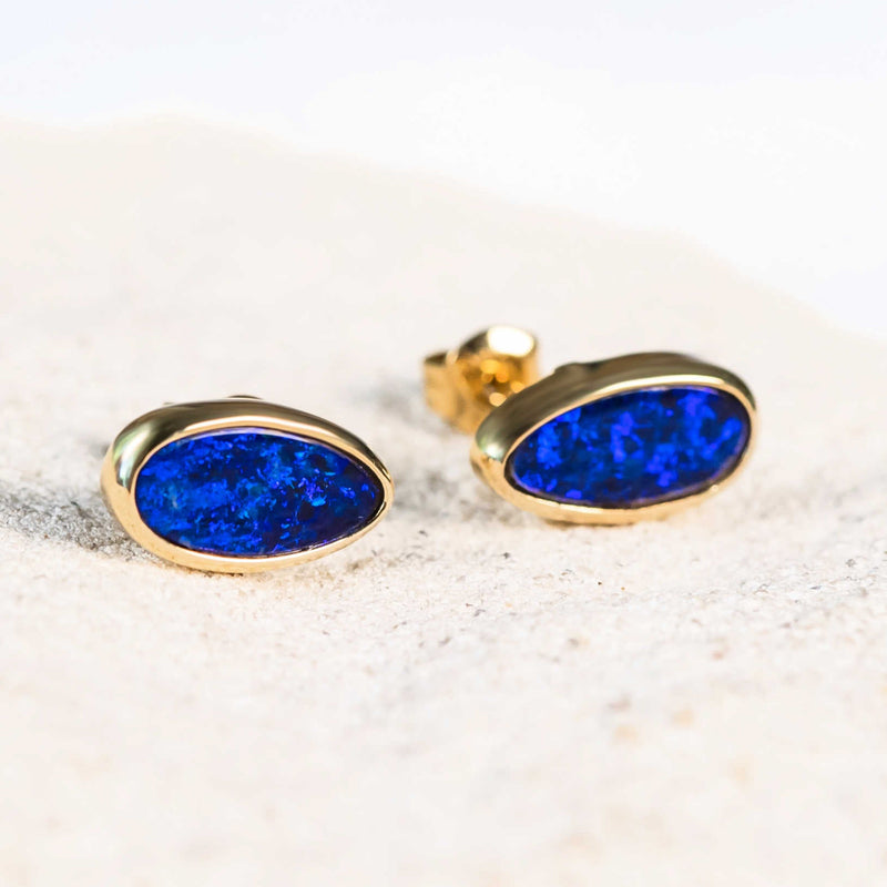 gold doublet opal earrings with blue doublet opals