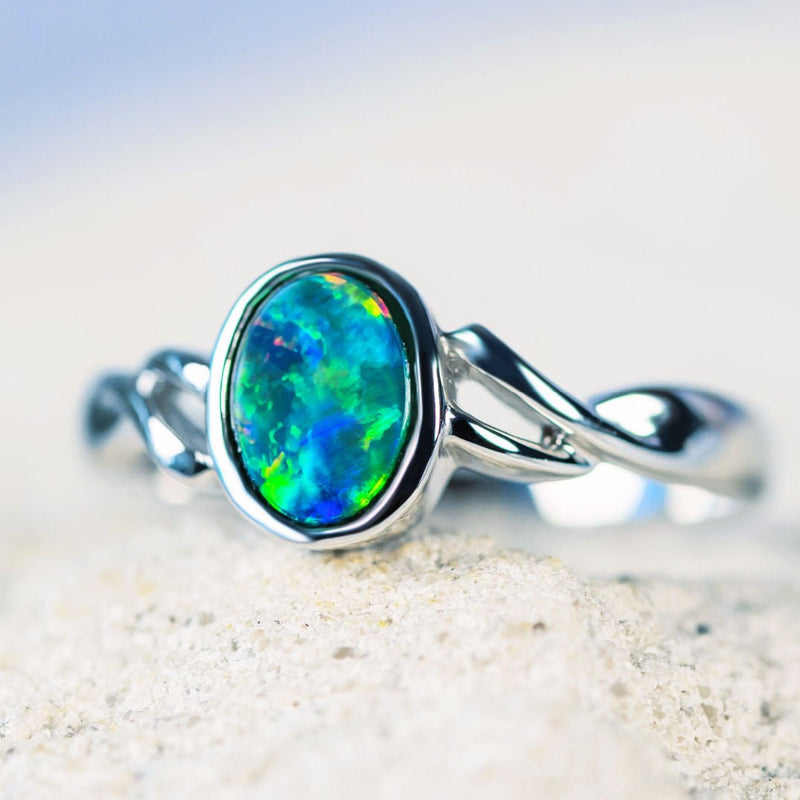 'Zola' White Gold Australian Doublet Opal Ring - Black Star Opal